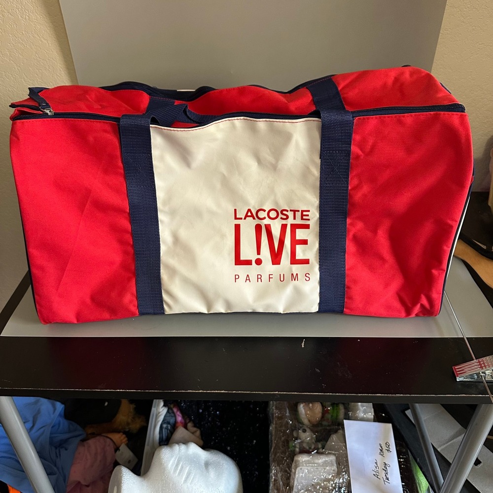 Lacoste L!VE Parfums Red White Blue Duffel Bag Travel Gym Weekender Strap